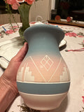 Native American Sioux Hand-Etched Pottery Vase — Signed Artist, Turquoise & Pink