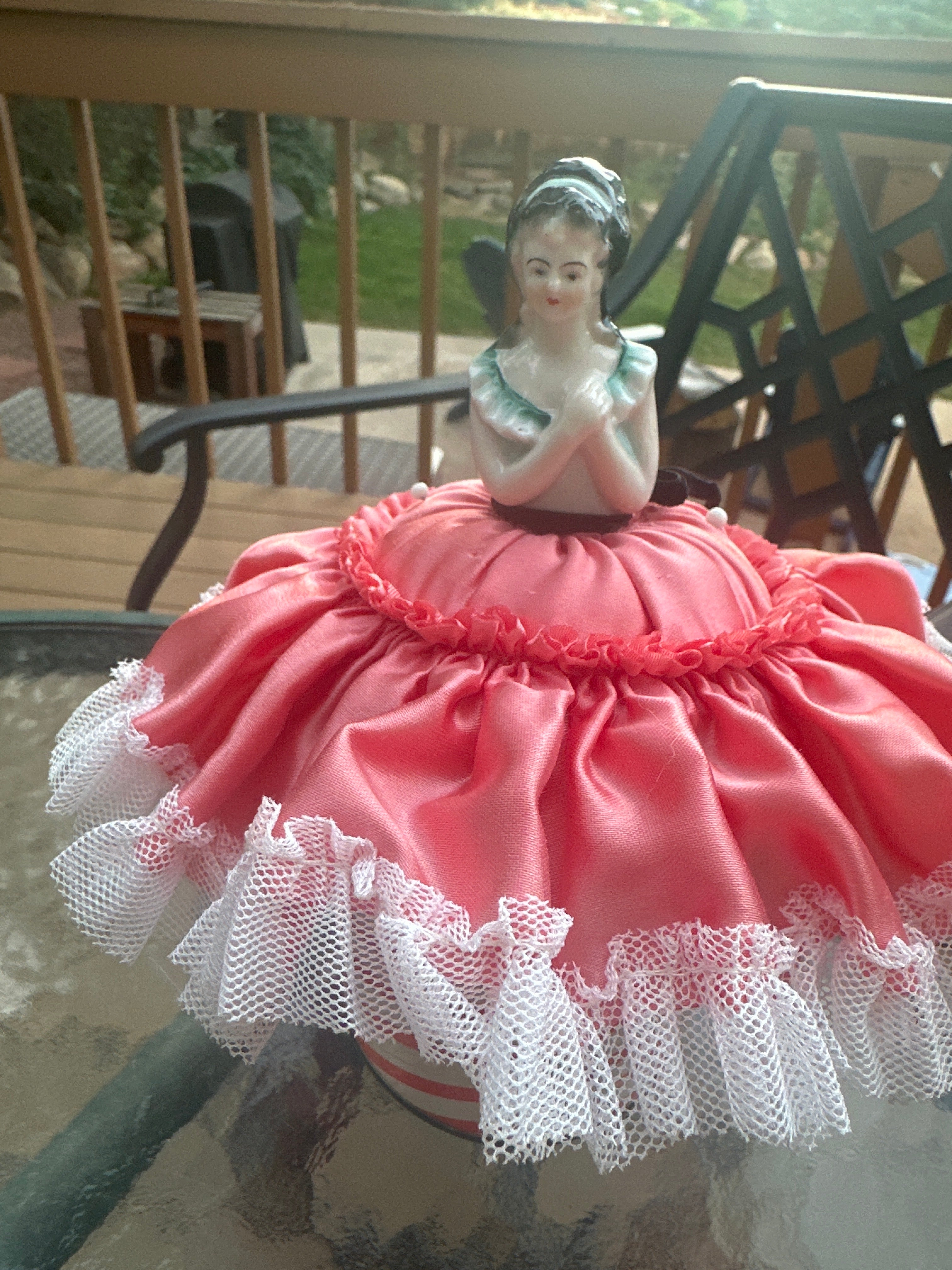 Vintage 1920s Half Doll Lady Pin Cushion — Ceramic Boudoir Sewing Collectible