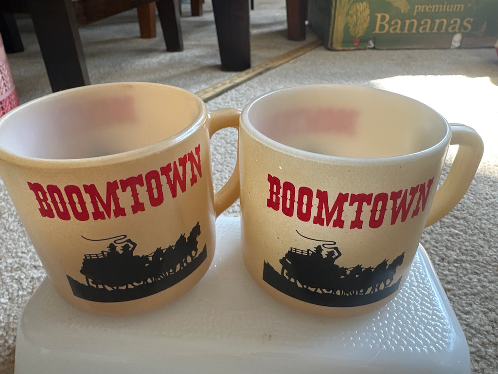 Vintage Federal Glass Boomtown Casino Milk Glass Mugs. Set of 2.
