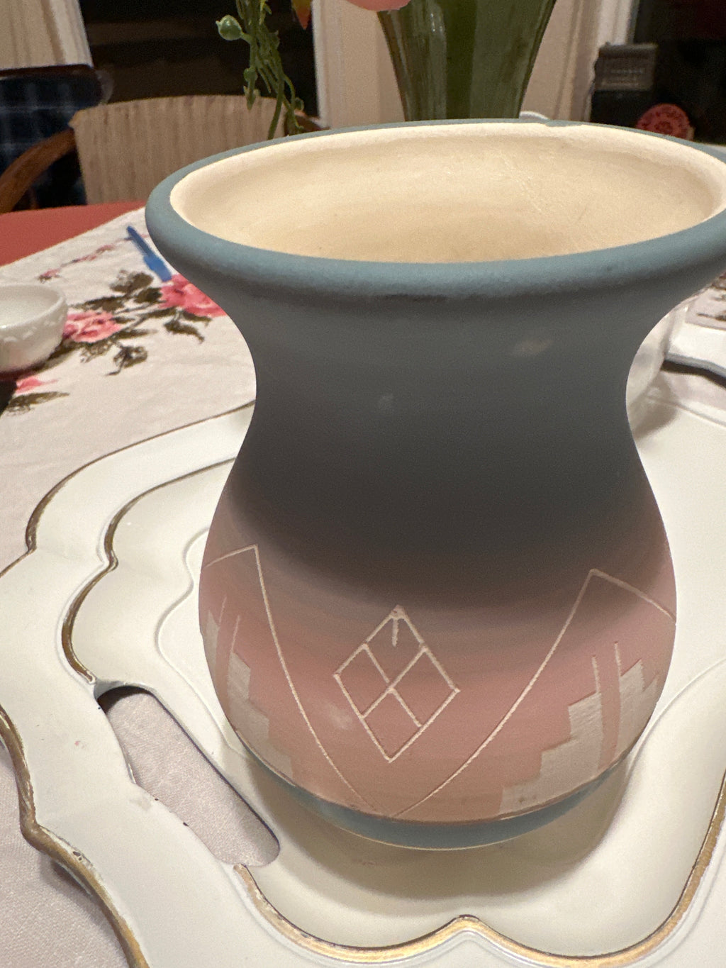 Native American Sioux Hand-Etched Pottery Vase — Signed Artist, Turquoise & Pink