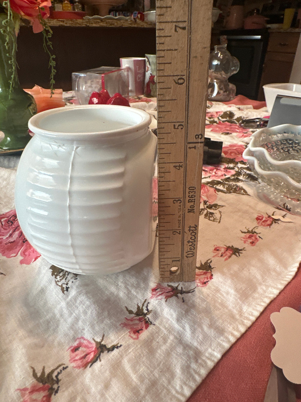 Vintage Anchor Hocking Milk Glass Grease Jar — Art Deco Blue Print, Mid-Century Kitchen