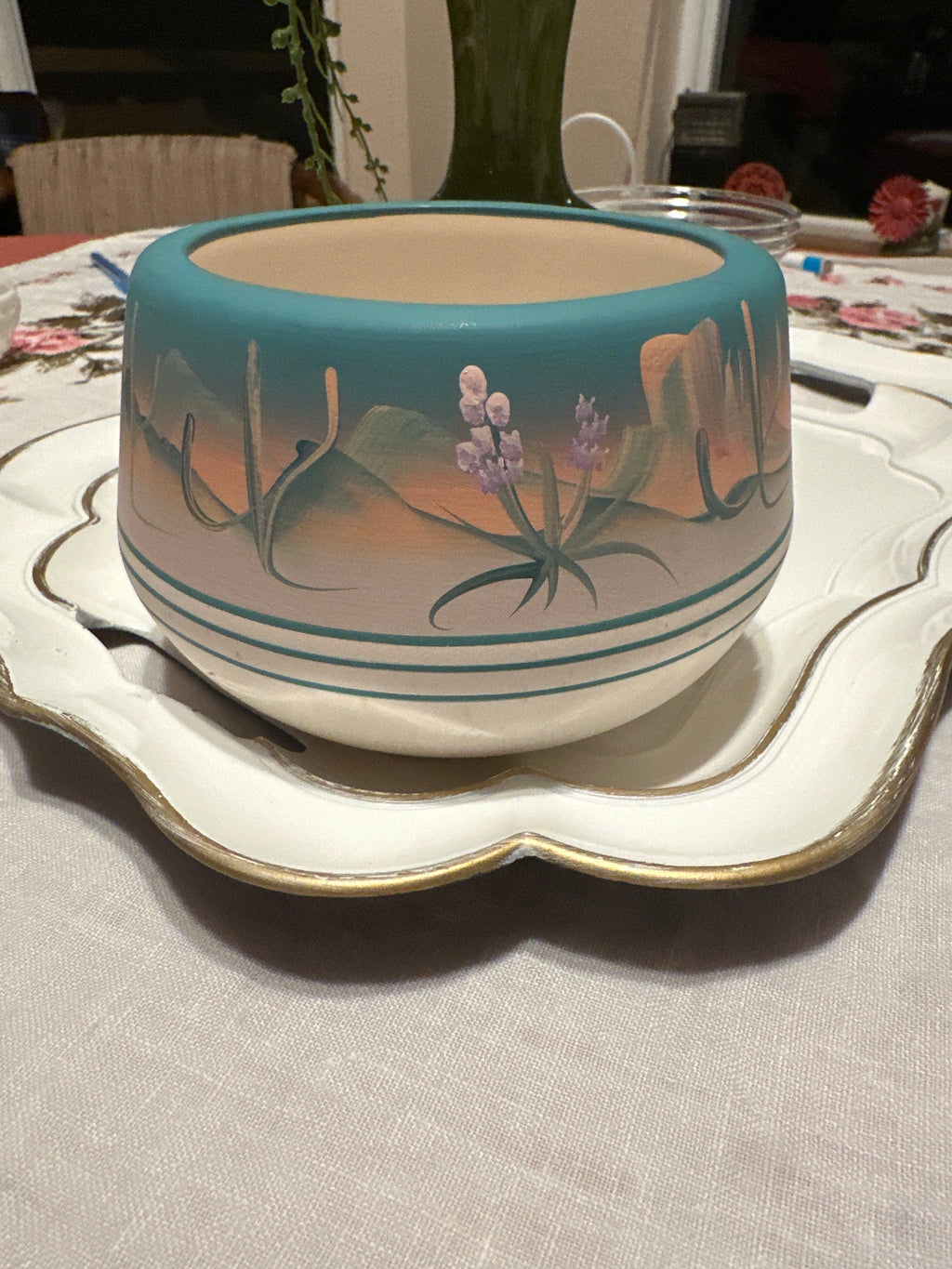 New West Pottery Vase — Hand-Painted Southwest Desert Sunset, Signed 1991