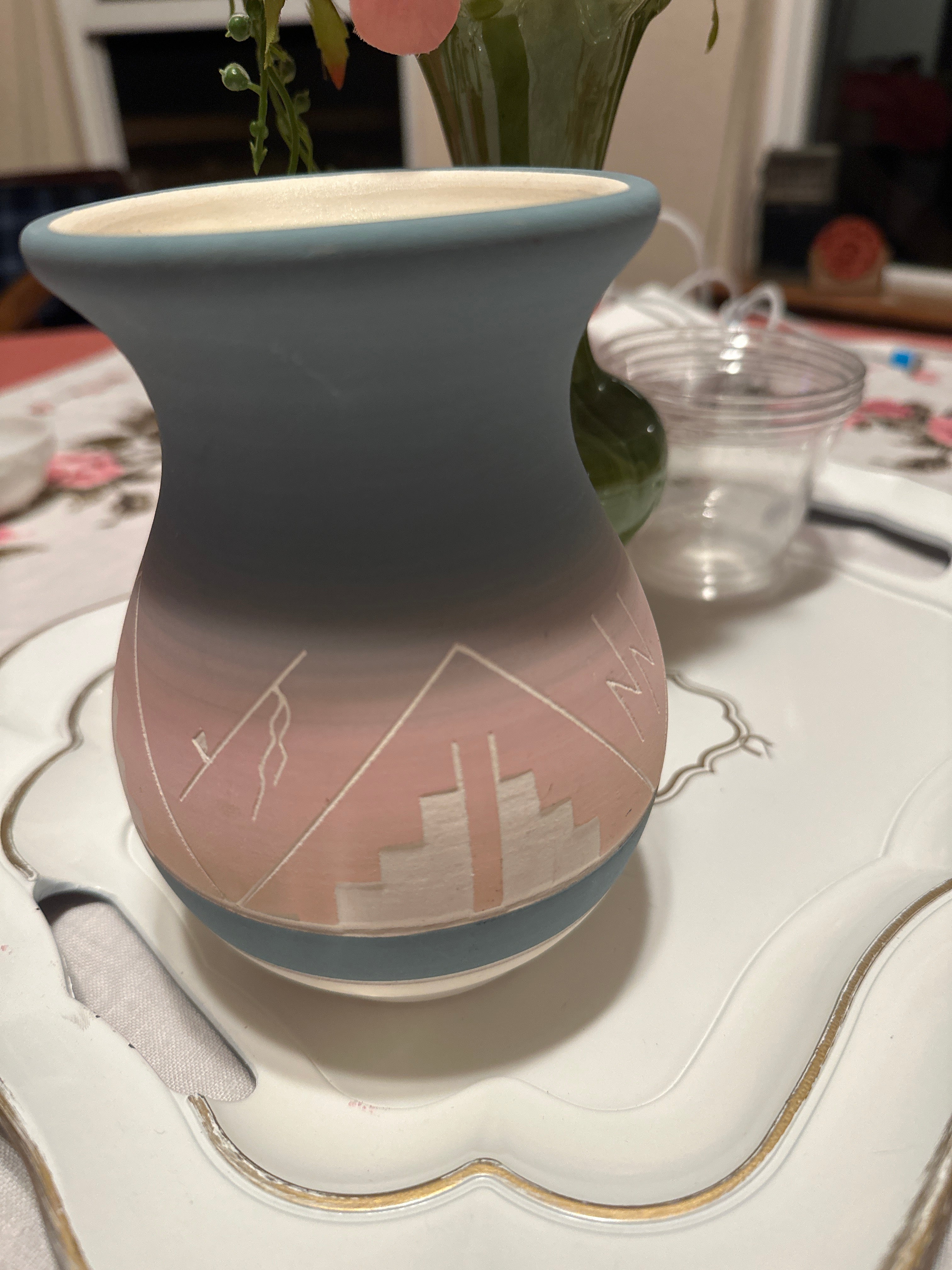 Native American Sioux Hand-Etched Pottery Vase — Signed Artist, Turquoise & Pink