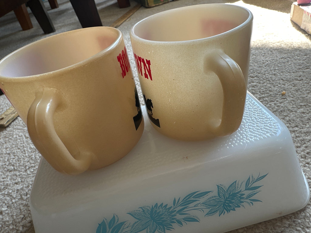 Vintage Federal Glass Boomtown Casino Milk Glass Mugs. Set of 2.