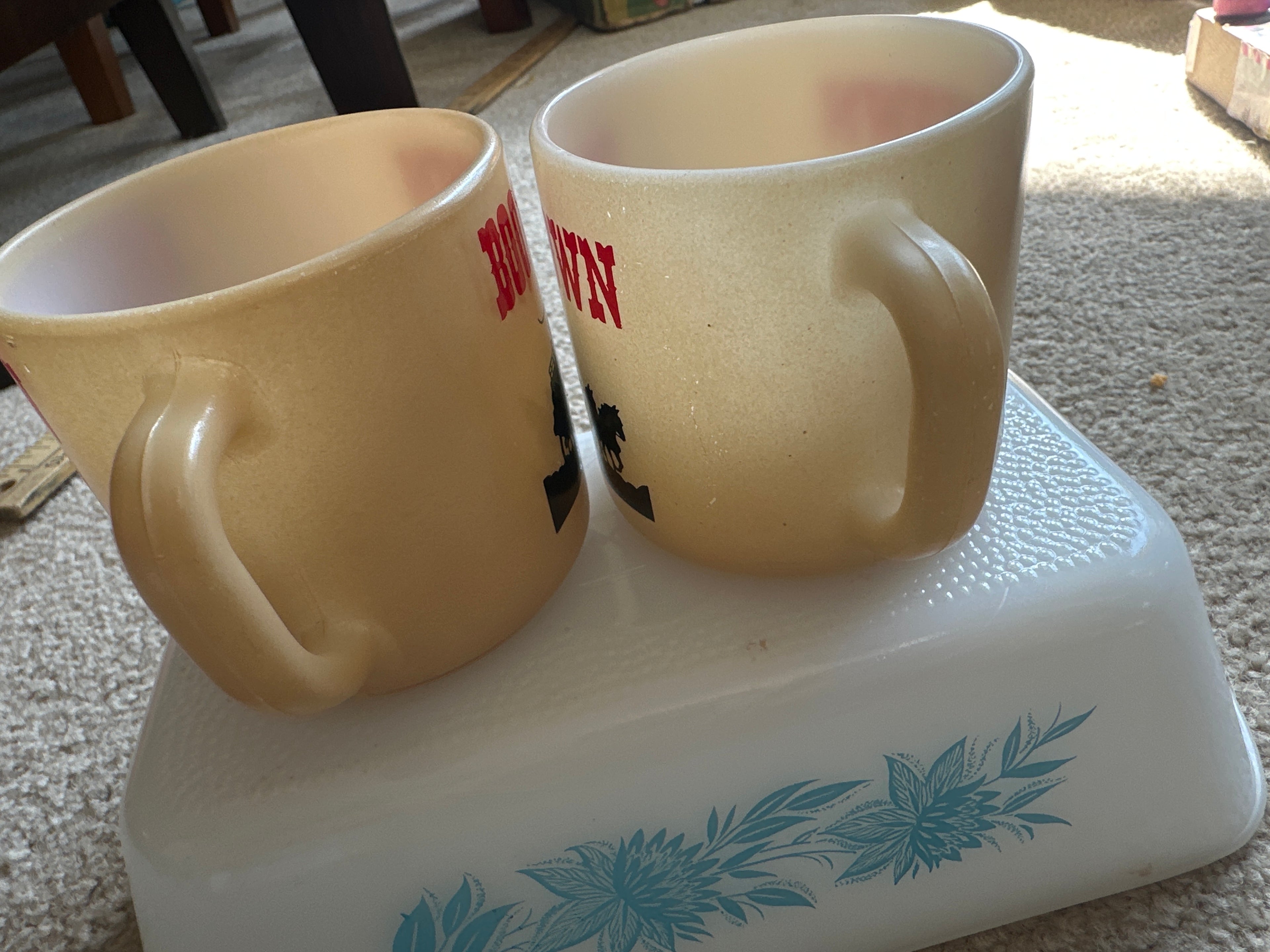 Vintage Federal Glass Boomtown Casino Milk Glass Mugs. Set of 2.