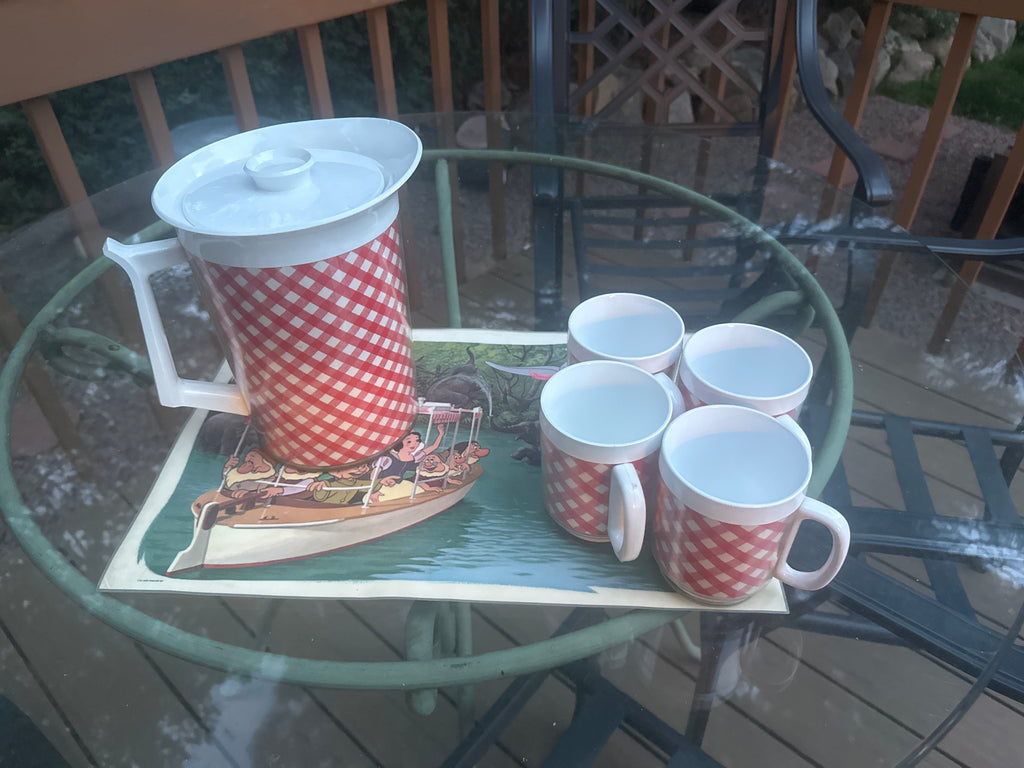 Vintage Thermos Serv Red and White Checker Pitcher with 4 Cups