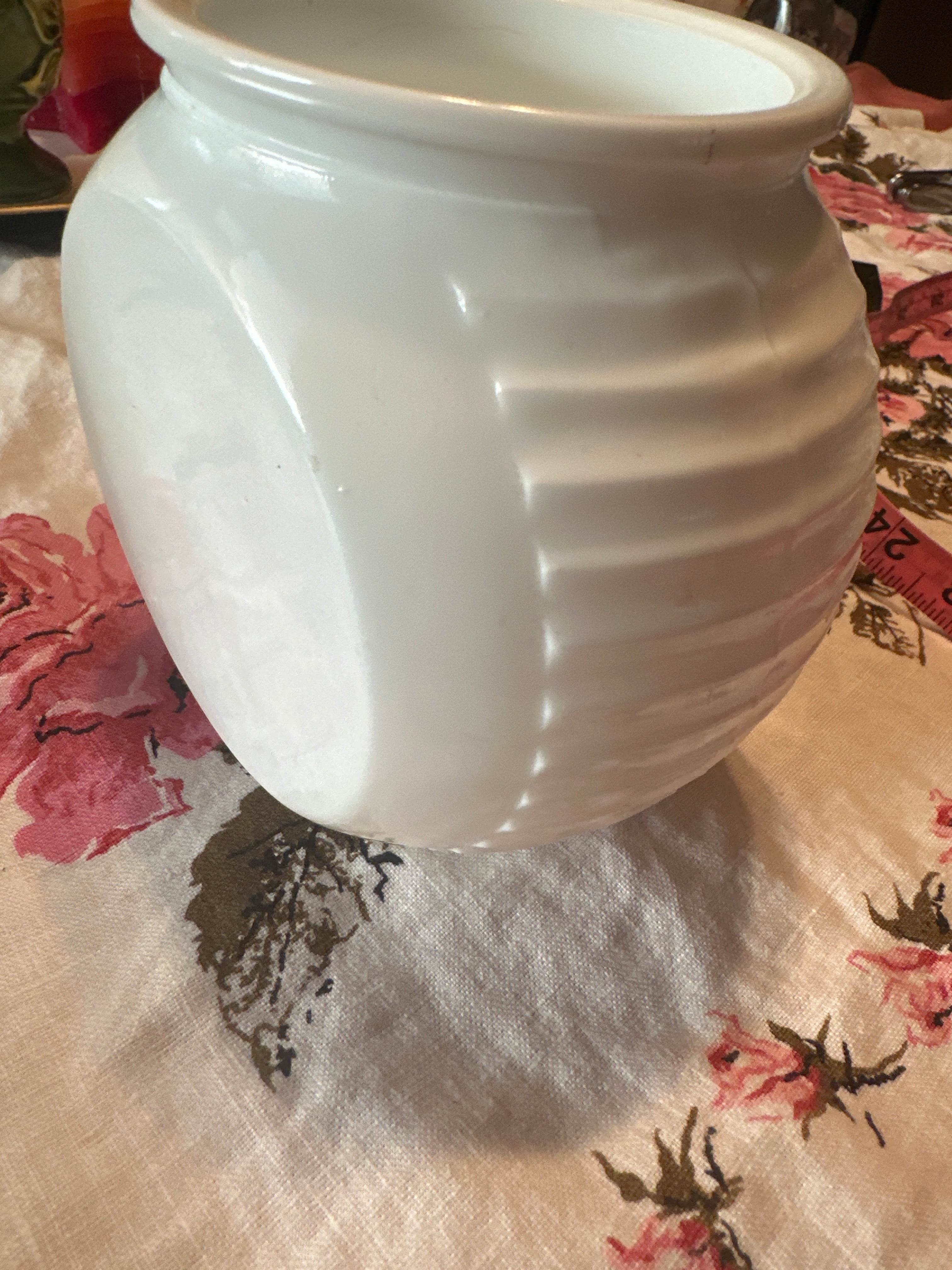 Vintage Anchor Hocking Milk Glass Grease Jar — Art Deco Blue Print, Mid-Century Kitchen