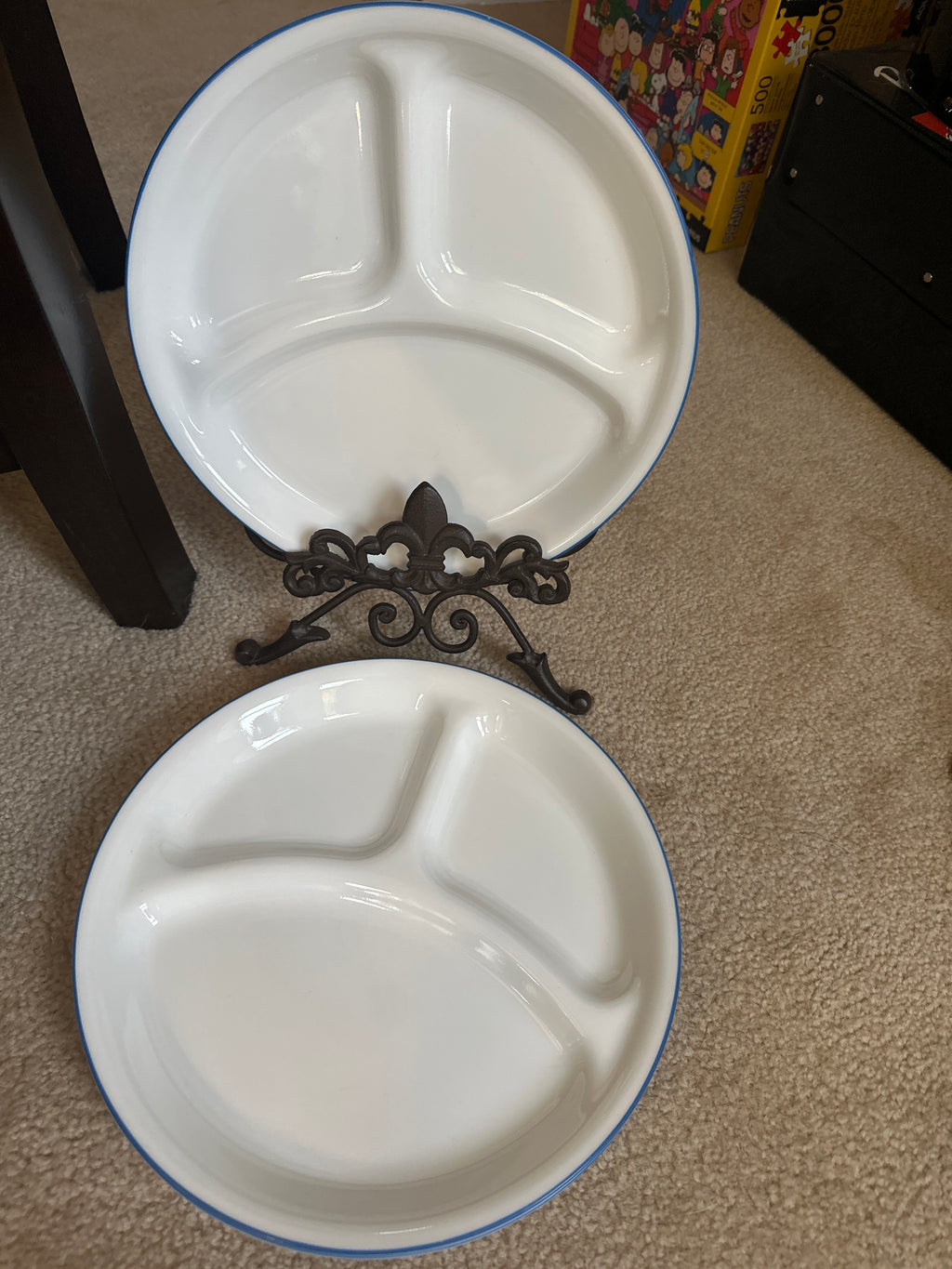 Vintage Corelle Divided Lunch Plates Blue Trim — Set of 4, Mid-Century Dinnerware