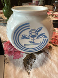 Vintage Anchor Hocking Milk Glass Grease Jar — Art Deco Blue Print, Mid-Century Kitchen