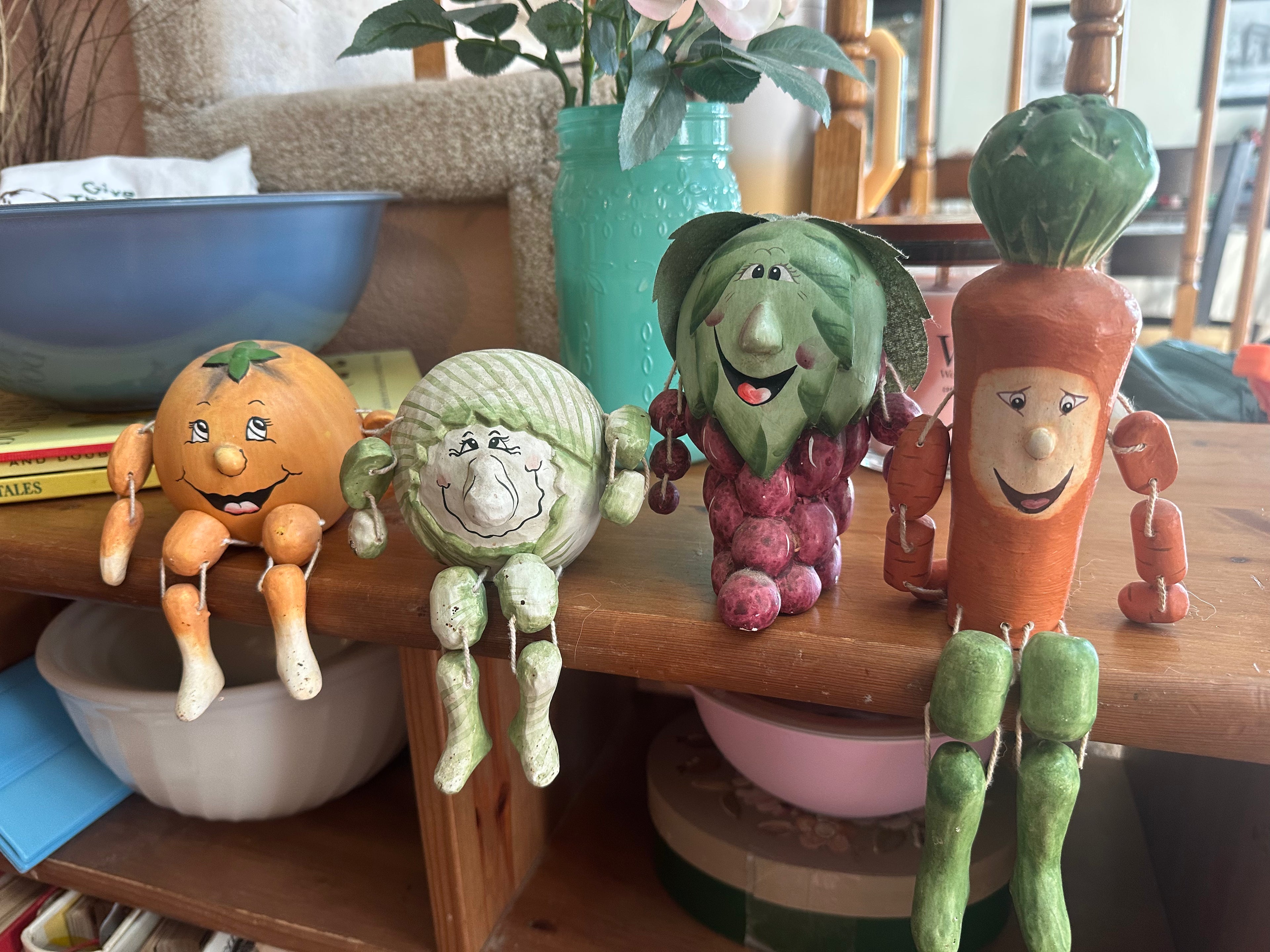 Vintage Anthropomorphic Fruit & Vegetable Dangle Legs Figurines — Set of 4, Folk Art