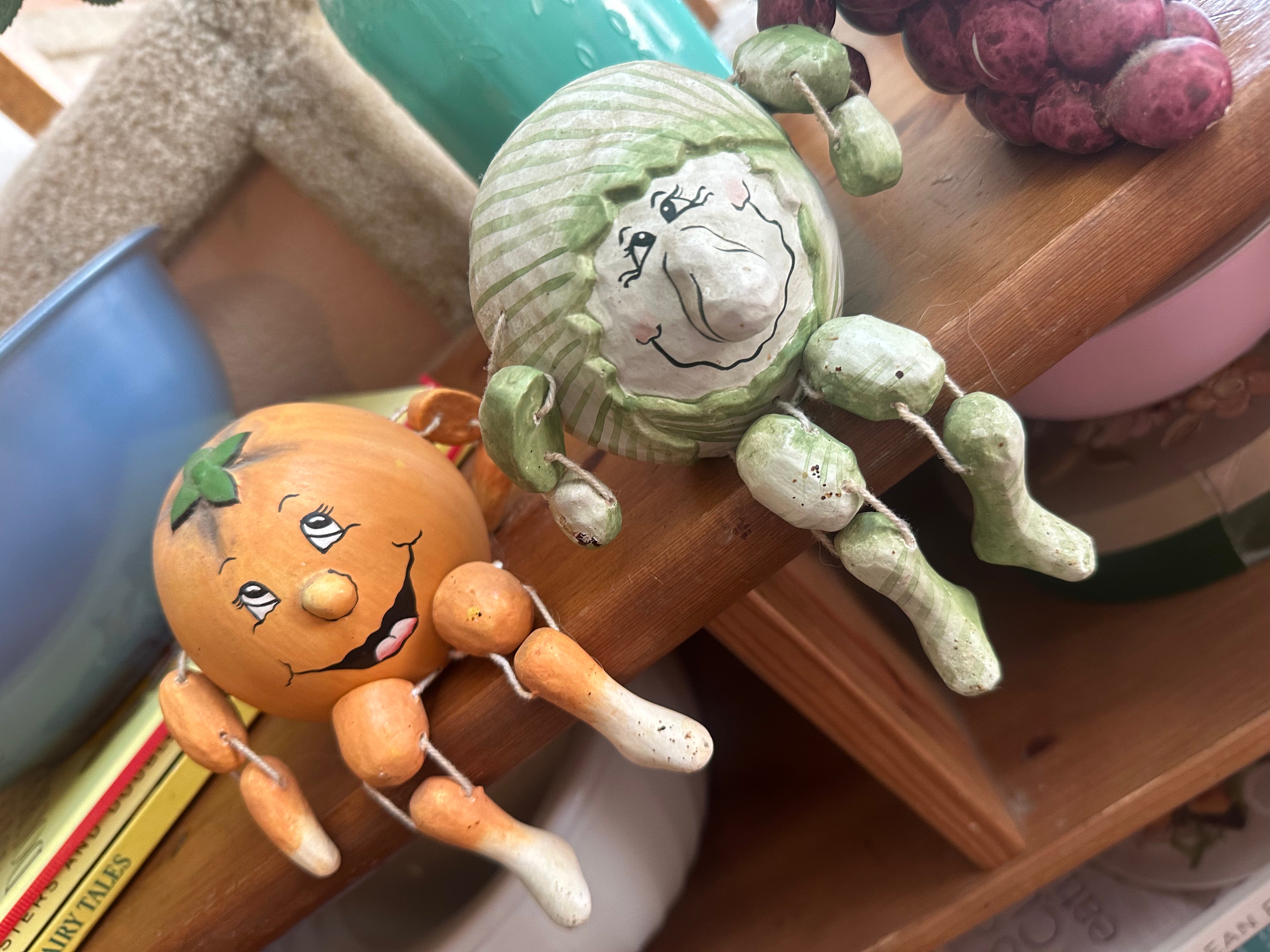 Vintage Anthropomorphic Fruit & Vegetable Dangle Legs Figurines — Set of 4, Folk Art