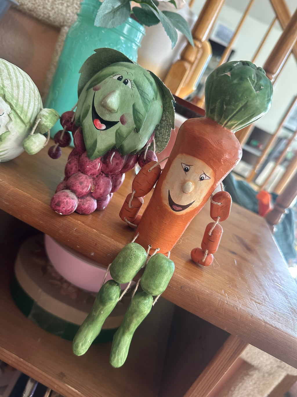 Vintage Anthropomorphic Fruit & Vegetable Dangle Legs Figurines — Set of 4, Folk Art