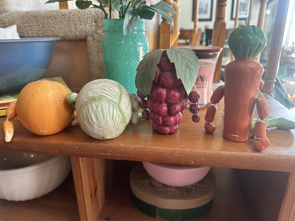 Vintage Anthropomorphic Fruit & Vegetable Dangle Legs Figurines — Set of 4, Folk Art
